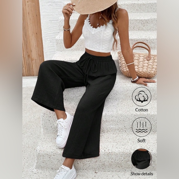 2 piece Lace Trim Crop Cami Top & Wide Leg Pants Apricot - Picture 2 of 6